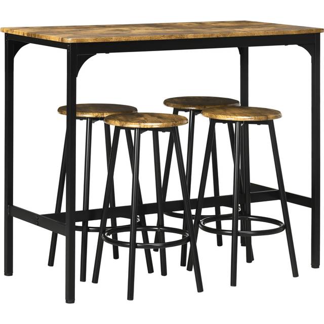 HOMCOM 5 Piece Bar Table Set with 4 Stools, Industrial Bar Table and Stool Set, Dining Table and Chair Set, Rustic Brown Aosom UK