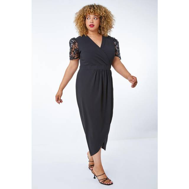 Roman Curve Black Floral Sheer Sleeve Wrap Dress - Size 18