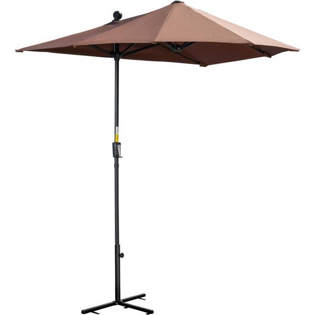 Outsunny 2m Half Parasol Market Umbrella Garden Balcony Parasol with Crank Handle, Base, Double-Sided Canopy, Coffee