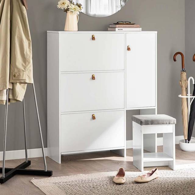 SoBuy FSR107-W, Shoe Cabinet with 3 Drawers 1 Door and 1 Stool