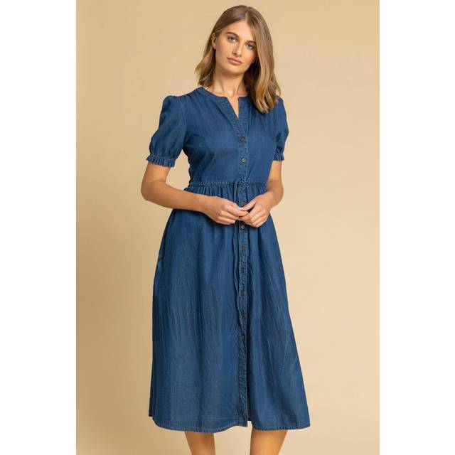 Puff Sleeve Denim Belted Midi Dress - 10