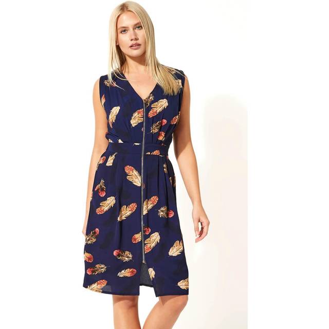 Roman Navy Zip Through Feather Print Dress - Size 16