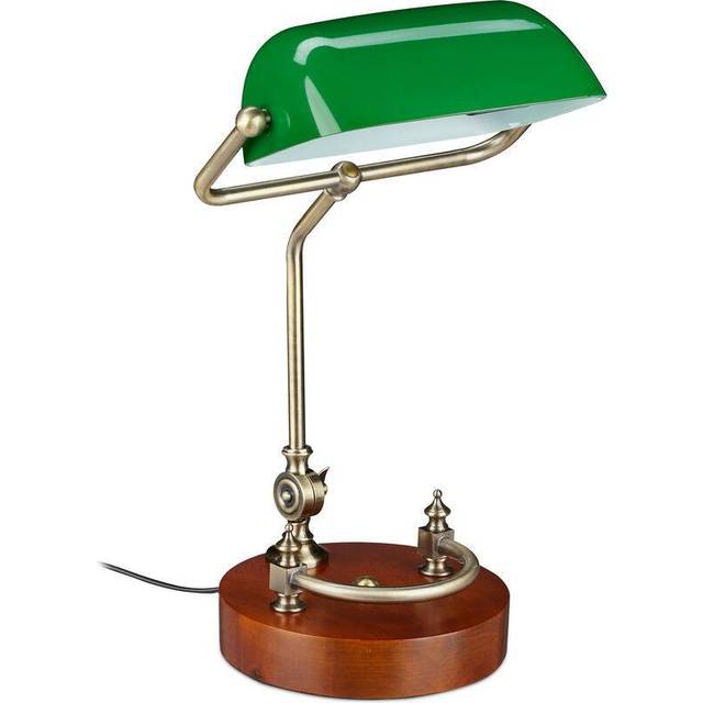 Relaxdays bankirlampa, lutande glasskärm, träfot, E27-fattning, skrivbord retro, bibliotek, grön-brun, 42 x 26 x 25 cm