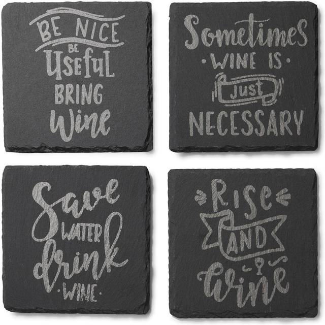 "Wine Is Necessary Slate  Coasters Silver Set of 4  Square 4X4"""""