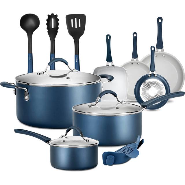 NutriChef 14-Piece Navy Blue Cookware Set - Durable Non-Stick Pots and Pans Set with Lids & Utensils  Compatible with All Cooktops