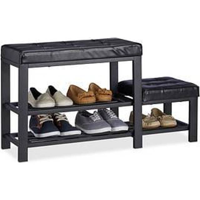 Shoe Bench with Footstool, Comfortable Seat Padding, 2 Tiers, Shoe Rack for Kids, hwd: 50 x 90 x 30 cm, Black - Relaxdays