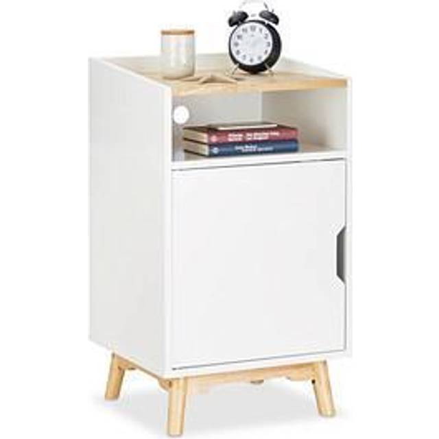 Nightstand with Wooden Legs, Scandinavian Design, Door, Open Compartment, Bedside Table 74 x 43 x 40 cm, White - Relaxdays