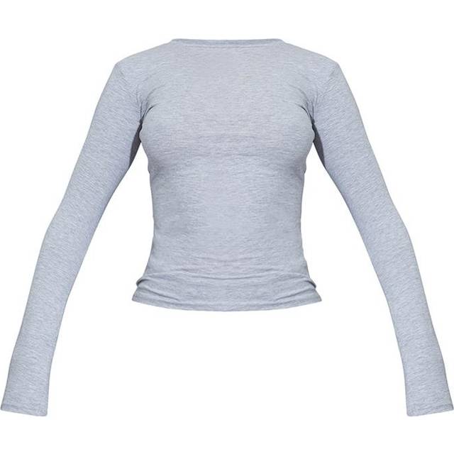 Grey Marl Basic Cotton Blend Long Sleeve Fitted T Shirt, Grey - 6