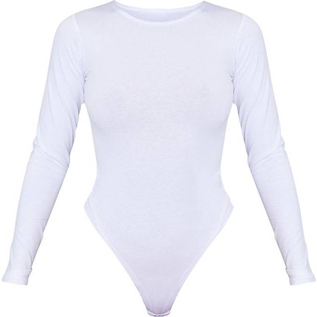 Basic White Cotton Blend Crew Neck Bodysuit, White - 16