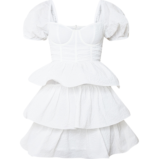 White Crinkle Cup Detail Tiered Skirt Skater Dress, White - 14