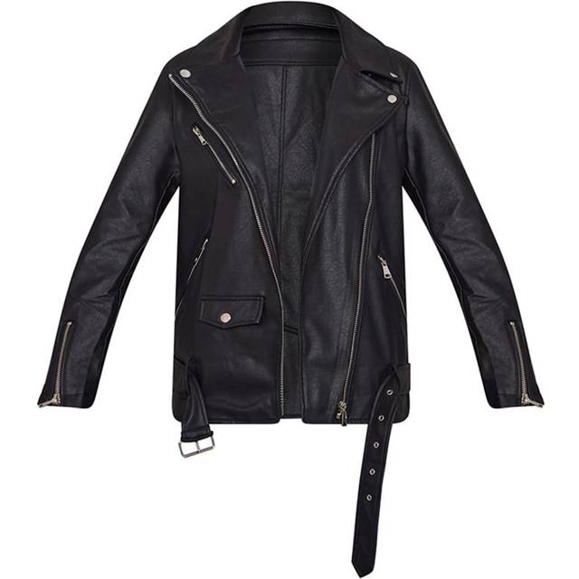 Black Faux Leather Longline Belted Biker Jacket, Black - 10