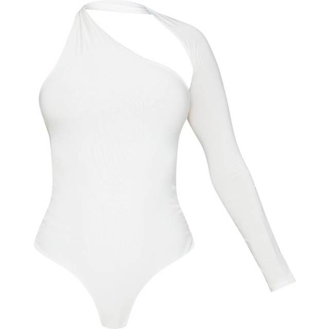 White One Shoulder Asymmetric Bodysuit, White - 6