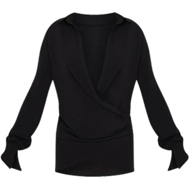 Black Textured Woven Extreme Plunge Bell Cuff Shirt Dress, Black - 12