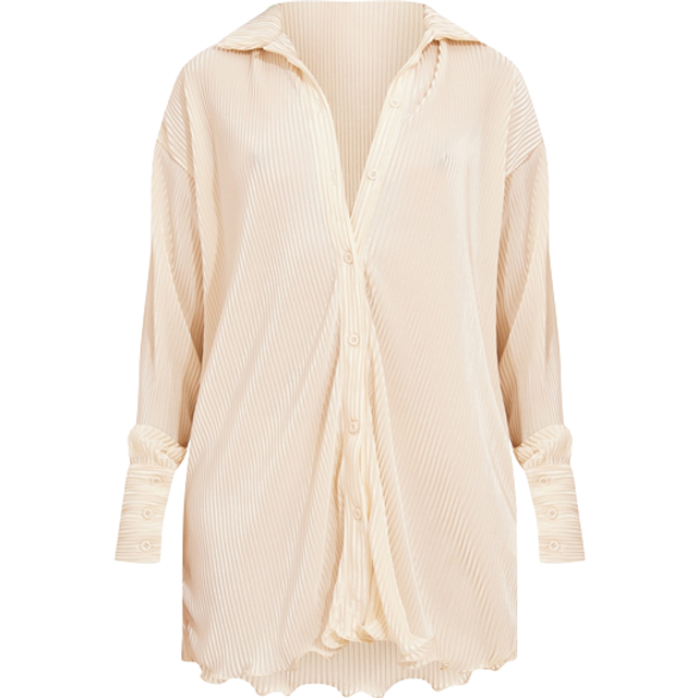 Cream Plisse Frill Hem Shirt Dress, White - 4