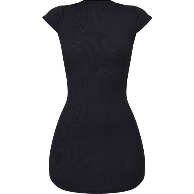 Black High Neck Ribbed Bodycon Dress, Black - 10