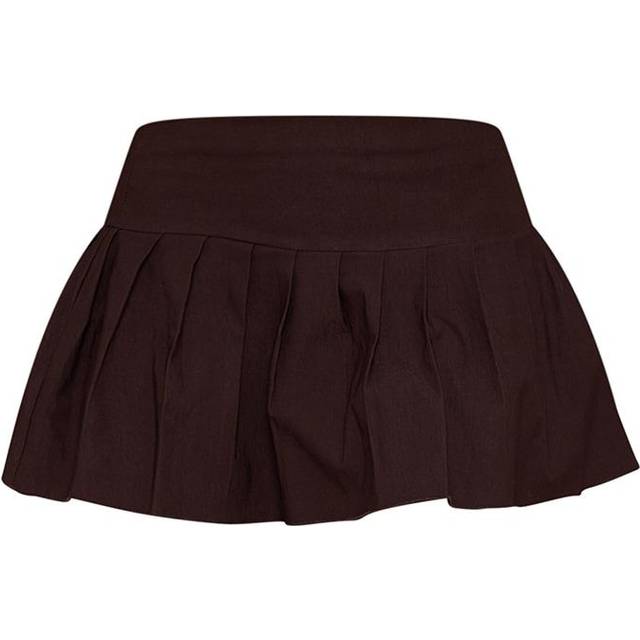 Brown Stretch Woven Low Rise Pleated Micro Mini Skirt, Brown - 8