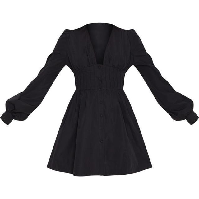 Black Button Front Fitted Puff Sleeve Skater Dress, Black - 6