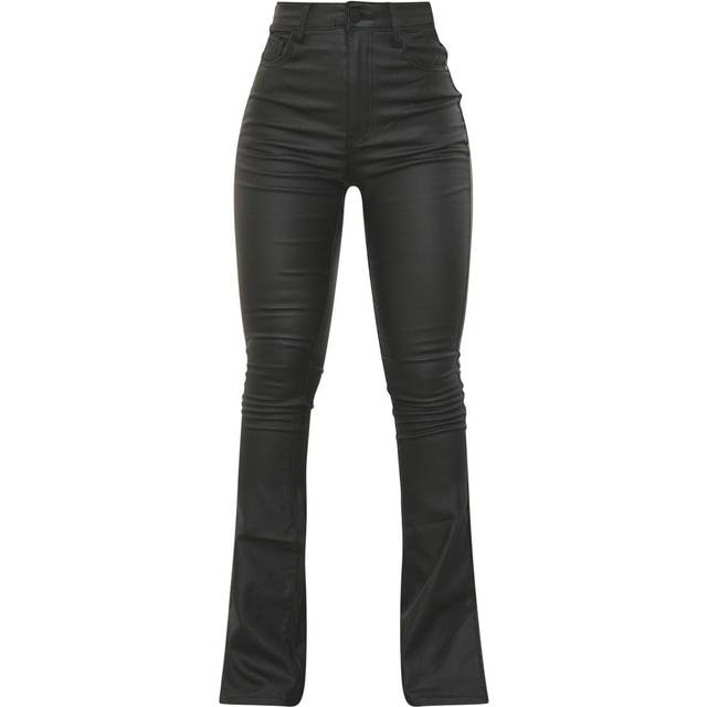 Black Coated Denim Split Hem Flares, Black - 6
