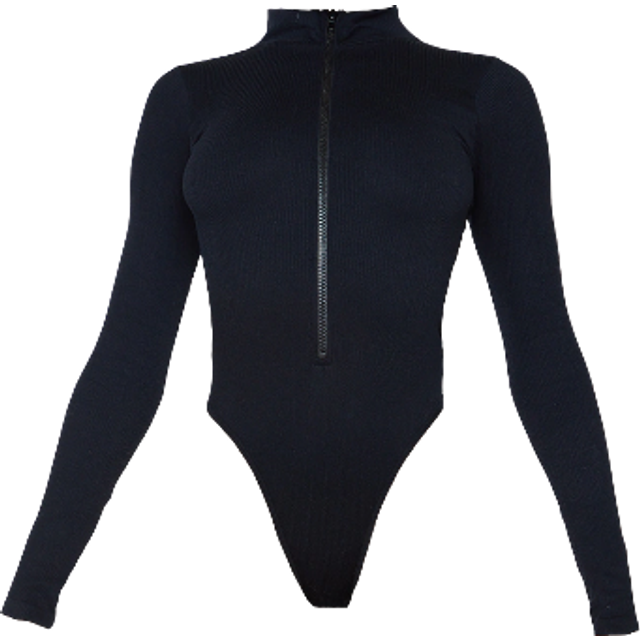 Black Contour Rib Zip Up Long Sleeve Bodysuit, Black