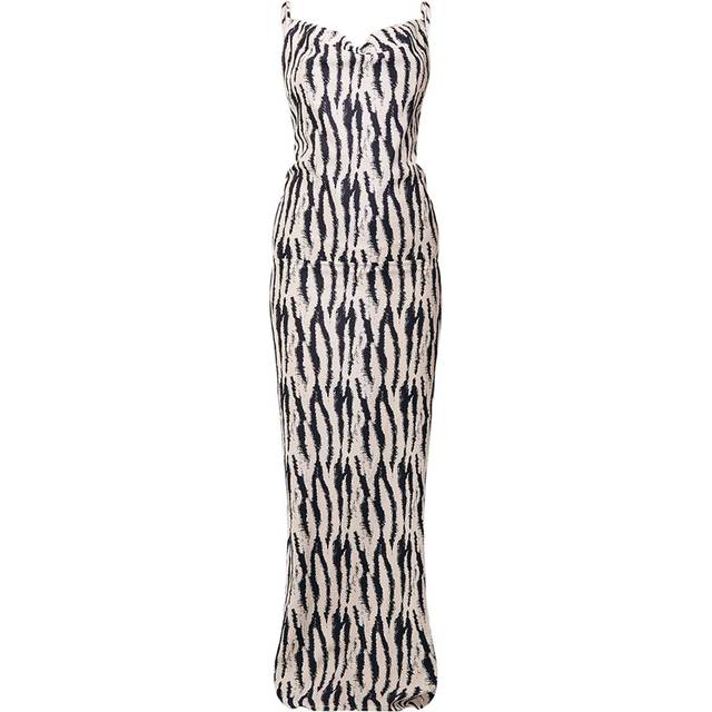 White Zebra Print Satin Cowl Neck Maxi Dress, White - 6