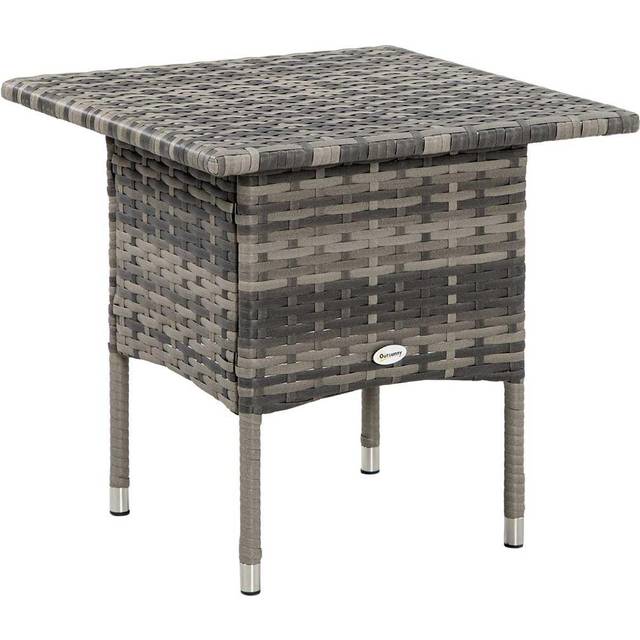 Outsunny Rattan Side Table, Outdoor Coffee Table, With Plastic Board Under The Full Woven Table Top For Patio, Garden, Balcony, Mixed Grey