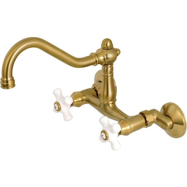 "Kingston Brass KS3227PX Vintage 6"""""""" Adjustable Center Wall Mount Kitchen Faucet  Brushed Brass"