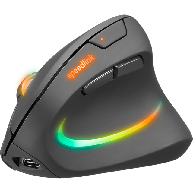Speedlink PIAVO PRO belyst vertikal, laddbar mus – trådlös mus ergonomisk för högerhänder, integrerat batteri som laddas via USB-C, färgbelysning, inställbar DPI, svart