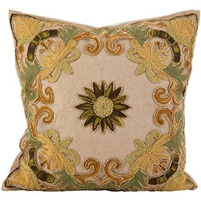 Saro Lifestyle AN02.G18S 18 in. Square Embroidered Floral Design Beaded Cotton Poly Filled Throw Pillow, Green