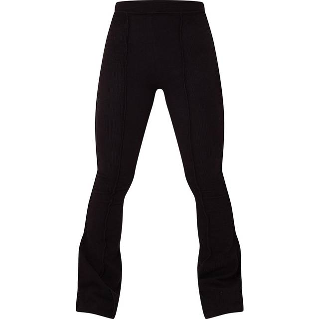 Black Rib High Waist Seam Detail Flared Trousers, Black - 10