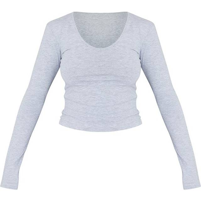 Basic Grey Marl Cotton Blend Longline Long Sleeve Top, Grey - 6