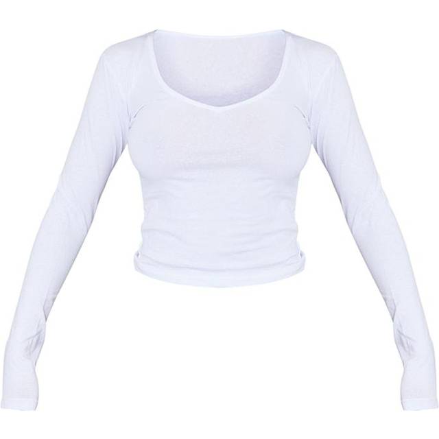 Basic White Cotton Blend Longline Long Sleeve Top, White - 16