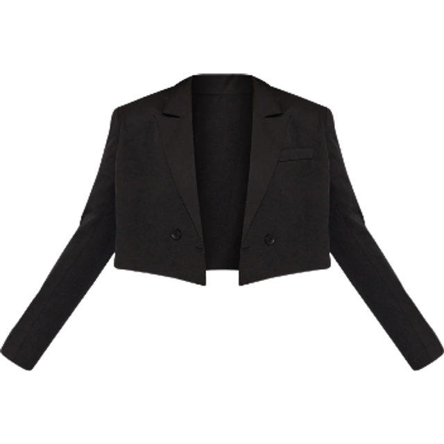 Black Woven Cropped Shoulder Padded Blazer, Black - 8