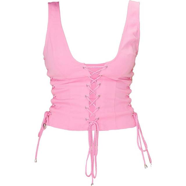 Candy Pink Woven Lace Up Detail Plunge Sleeveless Top, Pink - 10