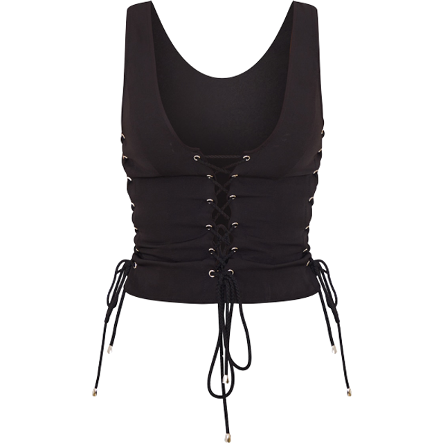 Black Woven Lace Up Detail Plunge Sleeveless Top, Black - 10