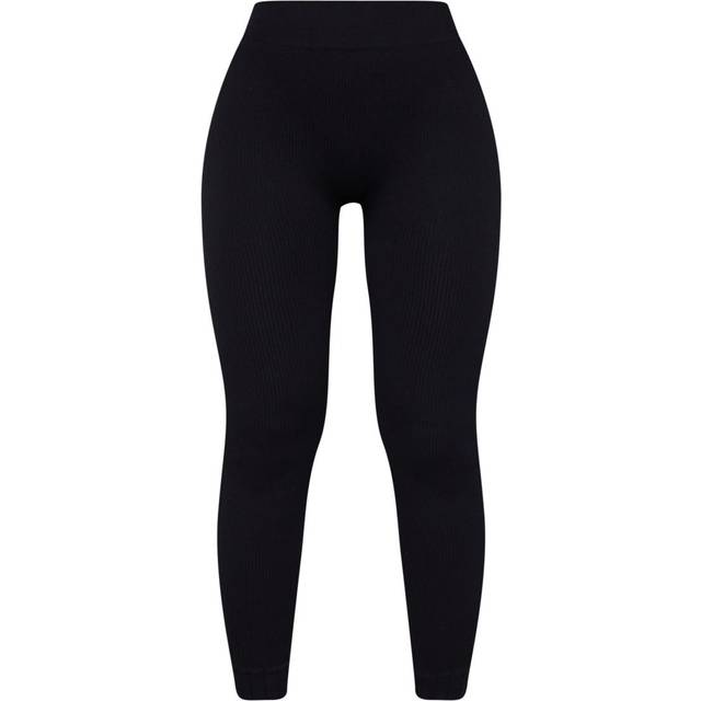 Black Structured Contour Rib Cuffed Detail Leggings, Black - M