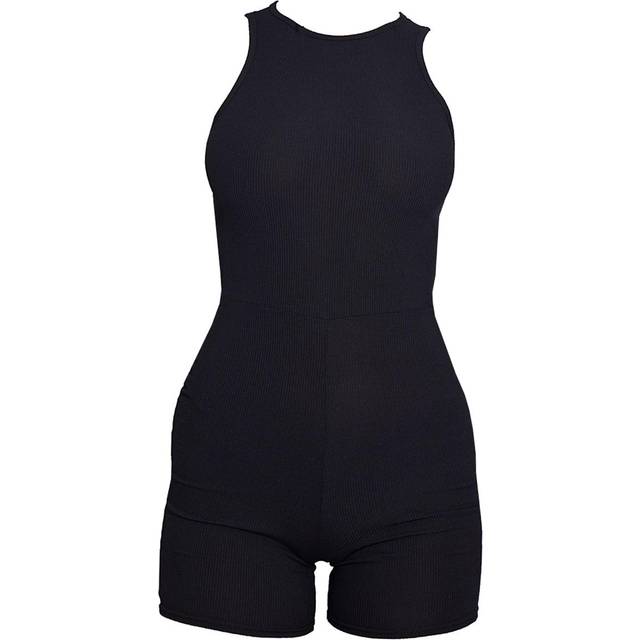 Black Ribbed Racer Neck Unitard - 4