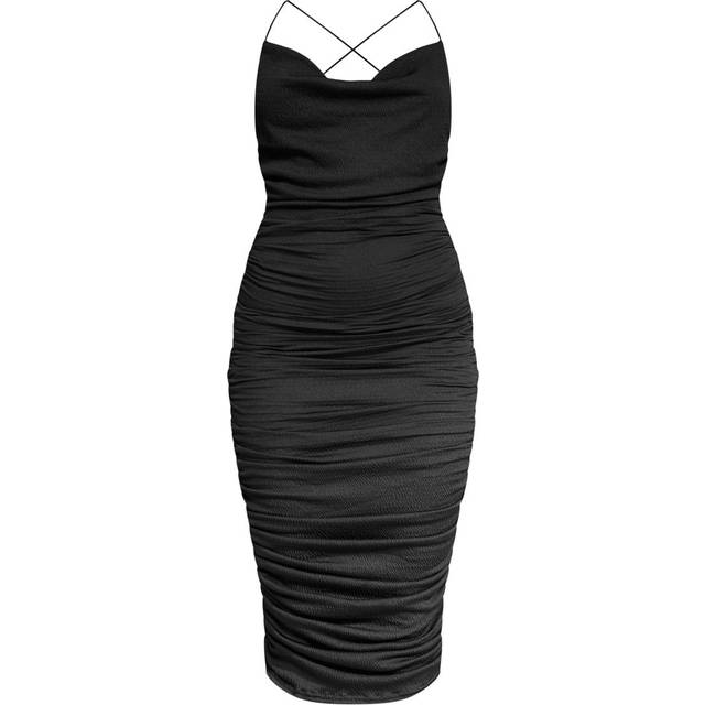 Black Crinkle Texture Ruched Cowl Neck Midi Dress, Black - 4