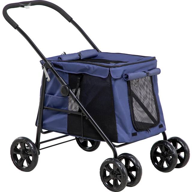 PawHut One-Click Foldable Dog Pushchair w/ EVA Wheels, Storage Bags, Mesh Windows, Doors, Safety Leash, Cushion, for Small Pets - Dark Blue