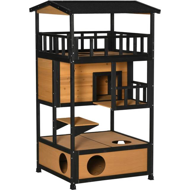 PawHut Wooden Outdoor Cat House 3-Tier Kitten Shelter w/ Tilted Roof Yellow | TJ Hughes
