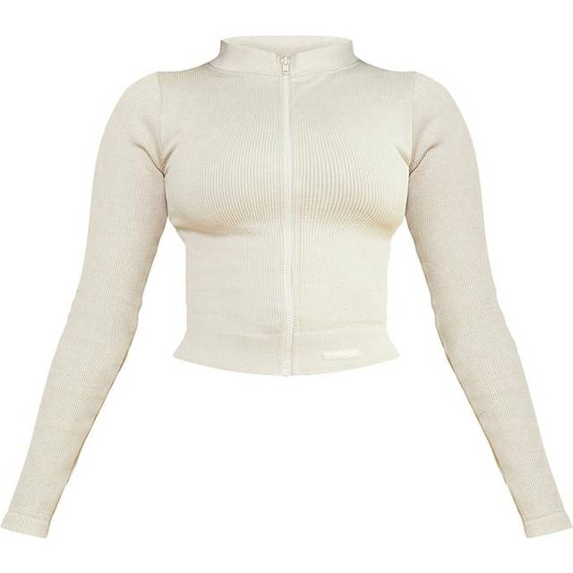Oatmeal Acid Wash Seamless Ribbed Zip Up Cropped Sports Jacket, Oatmeal