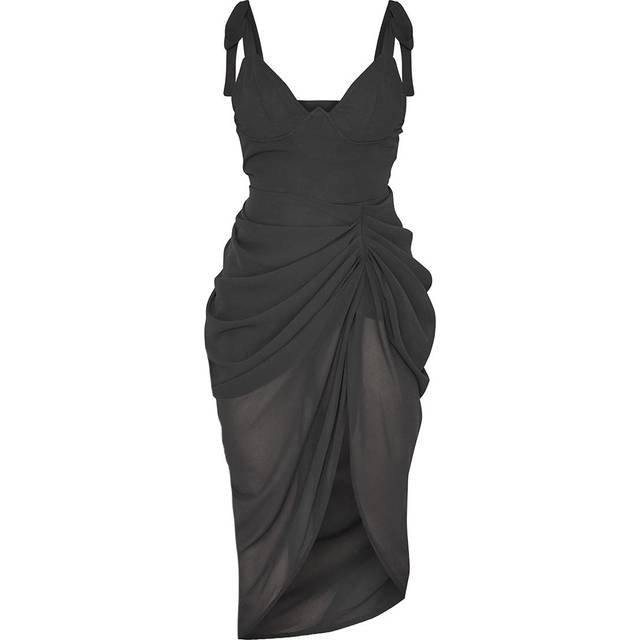Black Underwire Detail Draped Midi Dress, Black - 8
