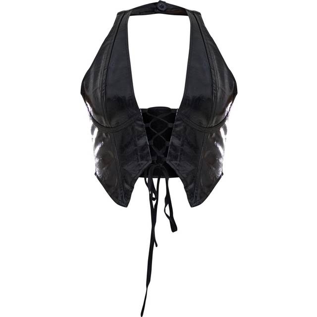 Black Washed Faux Leather Lace Up Plunge Halterneck Top, Black - 16