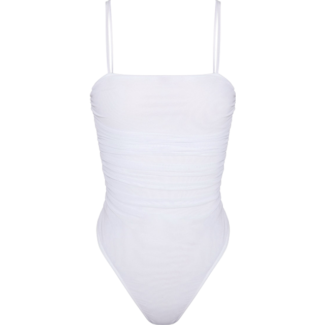 Shape White Mesh Ruched Detail Thong Bodysuit, White - 10