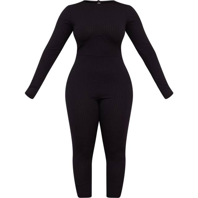 Shape Black Rib Underbust Detail Long Sleeve Jumpsuit, Black - 6