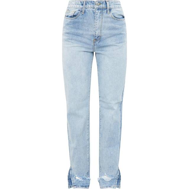 Light Blue Wash Distressed Split Hem Straight Leg Jeans - 8