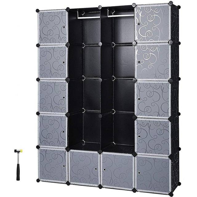SONGMICS Garderob garderob med 2 klädstänger, modulär kombinationsskåp, utrymmesbesparande plug-hyllsystem, 143 x 36 x 178 cm, svart LPC30H