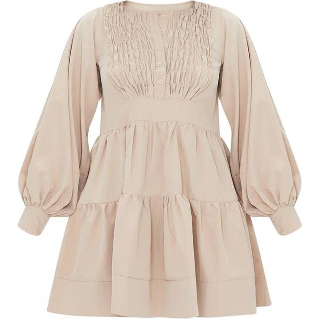 Stone Woven Ruffled Tiered Smock Dress, White - 4