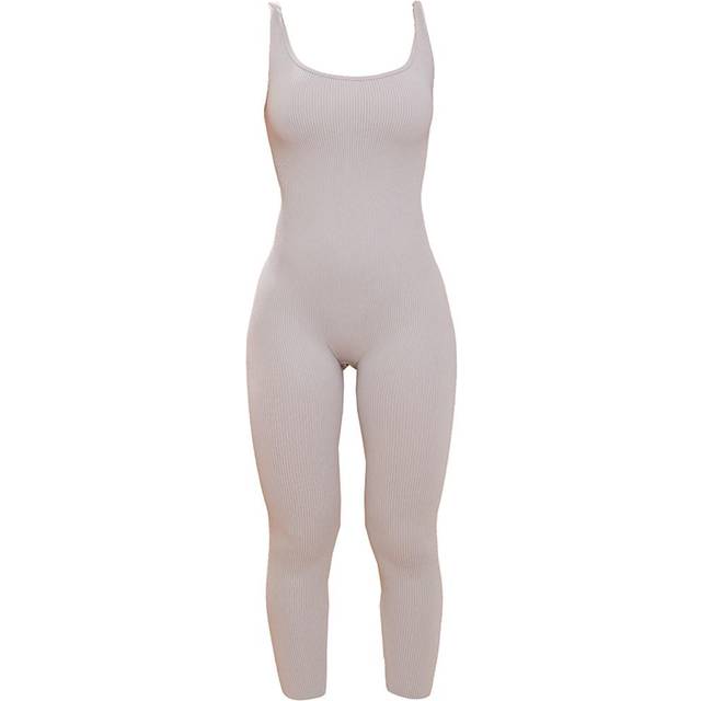 Silver Structured Contour Ribbed Scoop Neck Jumpsuit, Grey - L