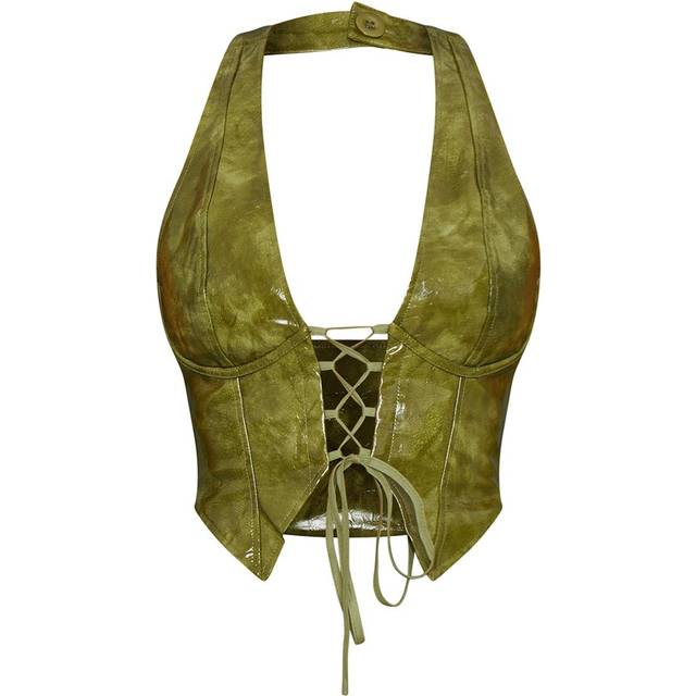 Olive Washed Faux Leather Lace Up Plunge Halterneck Top, Green - 14