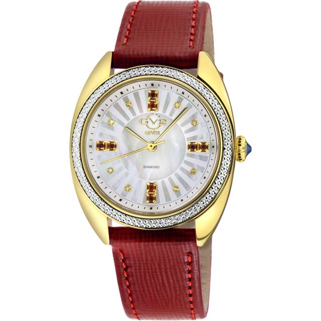 Womens Palermo Diamond , 316L Stainless Steel IPYG Case, MOP White Dial, Genuine Red Handmade Leather Strap Swiss Quartz Watch - One Size